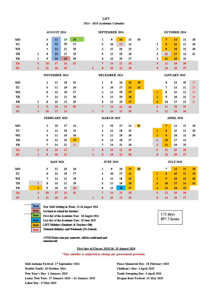 Calendrier de l'année scolaire 2024/2025